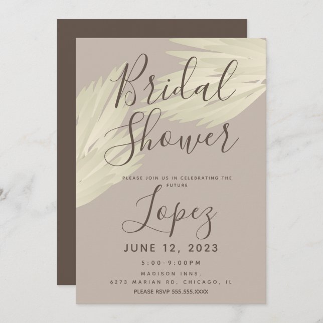 Invitación Bohemia Simple Pampas Ducha Bridal Beige Brown (Anverso / Reverso)