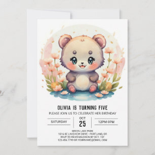 Invitación Bohemia Watercolor Forest Bear Chica Cumpleaños