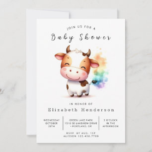Invitación Bohemia Watercolor Fun Cow Baby Shower