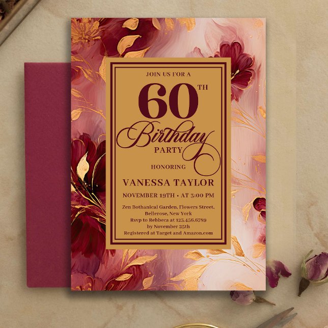 Invitación Bohemian 60th Birthday Burgundy Gold Watercolor  (Bohemian 60th Birthday Burgundy Gold Watercolor Invitation)