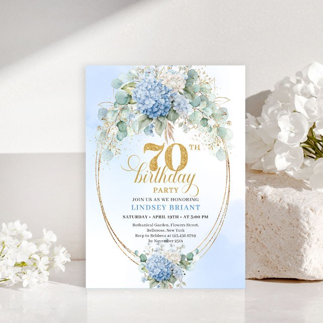 Invitación Bohemian 70th Birthday Blue Hydrangeas Gold Invite (Bohemian 70th Birthday Blue Hydrangeas Gold Invitation)