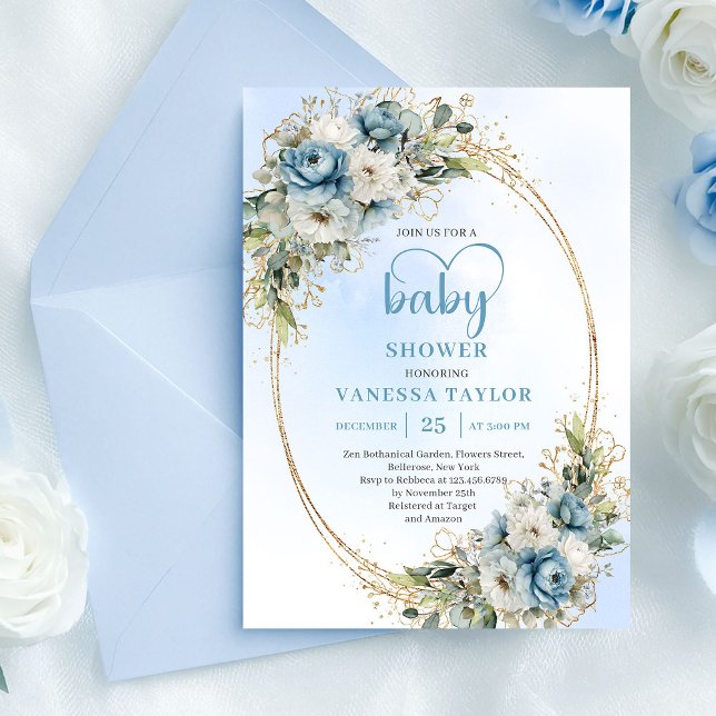 Invitación Bohemian Blue Floral Eucalyptus Gold Baby Shower  (Bohemian Blue Floral Eucalyptus Gold Baby Shower Card)