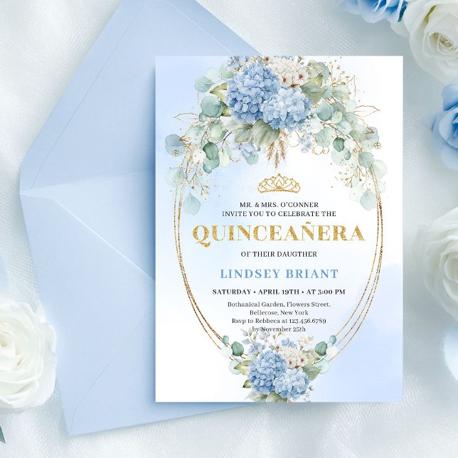 Invitación Bohemian Blue Floral Eucalyptus Quinceañera Invite (Bohemian Blue Floral Eucalyptus Quinceañera Invite)
