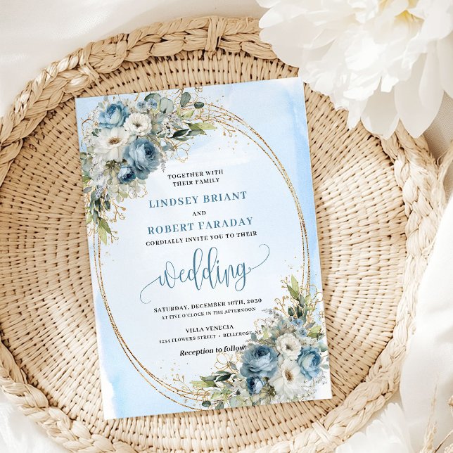 Invitación Bohemian Blue Flowers Greenery Gold Wedding Invite (Bohemian Blue Flowers Greenery Gold Wedding Invitation)