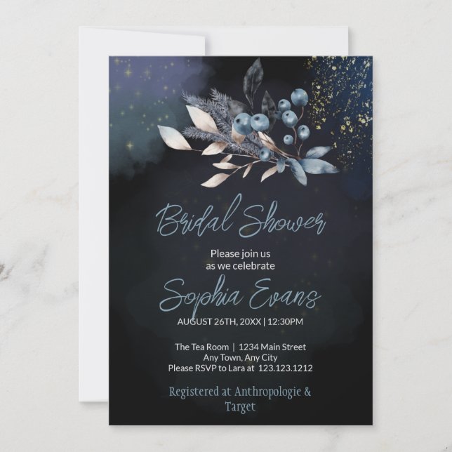 Invitación Bohemian Blueberries & Greenery Blue Bridal Shower (Anverso)