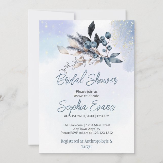 Invitación Bohemian Blueberries & Greenery Blue Bridal Shower (Anverso)