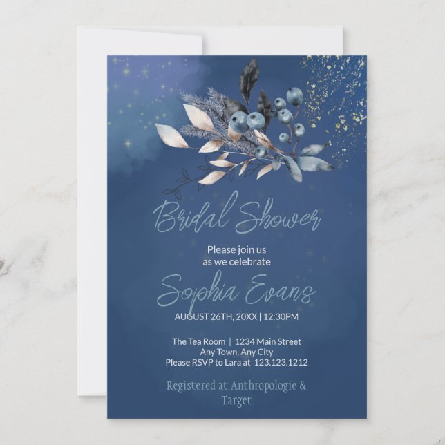 Invitación Bohemian Blueberries & Greenery Blue Bridal Shower (Anverso)