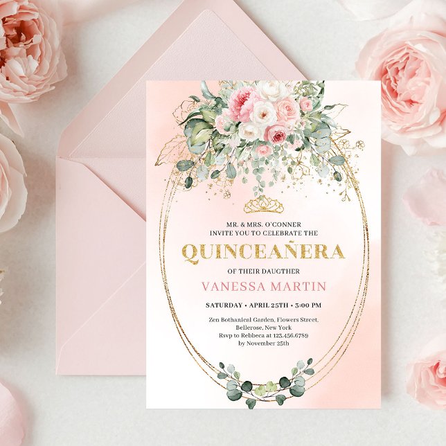 Invitación Bohemian Blush Pink Floral Quinceañera Invitation (Bohemian Blush Pink Floral Quinceañera Invitation)