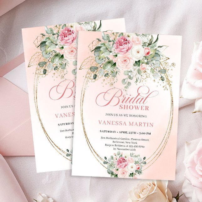 Invitación Bohemian Blush Roses Eucalyptus Gold Bridal Shower (Bohemian Blush Roses Eucalyptus Bridal Shower Invitation)