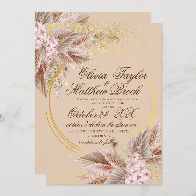 Invitación Bohemian Boho Pampas Boda de Flores de Hierro (Anverso / Reverso)