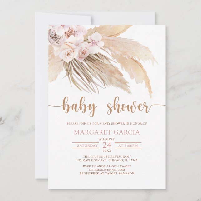 Invitación Bohemian Boho Pampas Grass Baby Shower (Anverso)