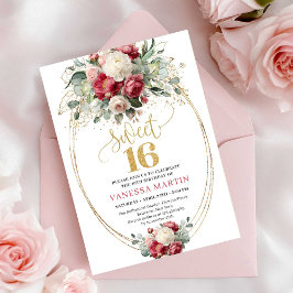 Invitación Bohemian Burgundy Blush Floral Gold Sweet Sixteen