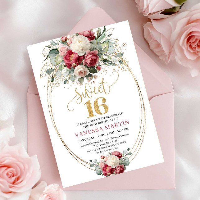Invitación Bohemian Burgundy Blush Floral Gold Sweet Sixteen (Bohemian Burgundy Blush Floral Sweet Sixteen Invitation)