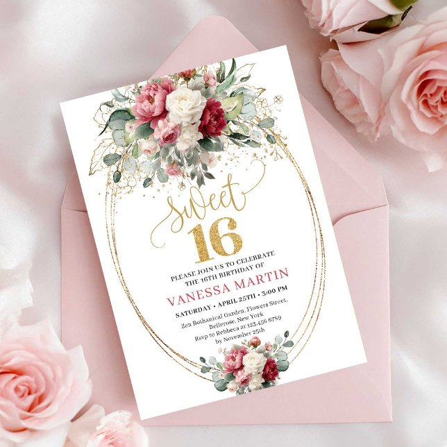 Invitación Bohemian Burgundy Blush Greenery Sweet 16 Invites (Bohemian Burgundy Blush Greenery Sweet 16 Invitation)