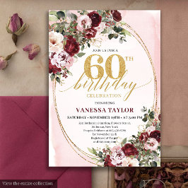 Invitación Bohemian Burgundy Gold Floral 60th Birthday Invite