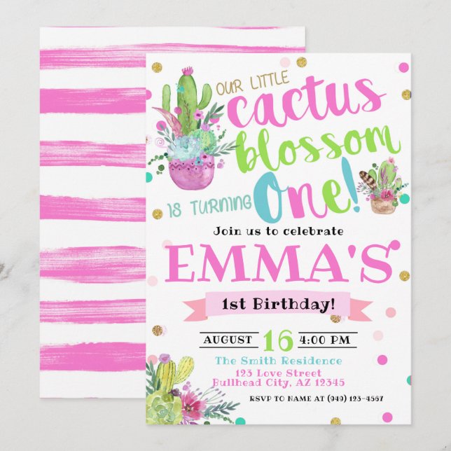 Invitación Bohemian Cactus Blossom One 1er cumpleaños (Anverso / Reverso)