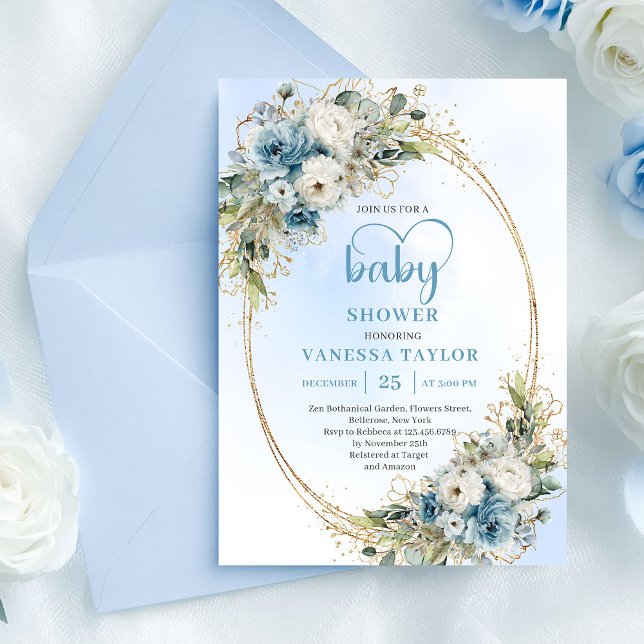 Invitación Bohemian Dusty Blue Floral Greenery Baby Shower  (Bohemian Dusty Blue Floral Greenery Baby Shower Invite.)