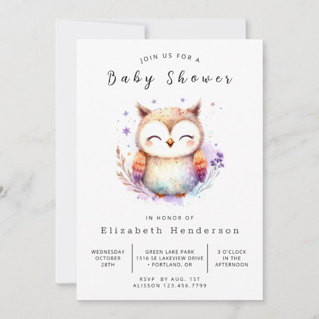 Invitación Bohemian Editable Owl Baby Shower (Anverso)