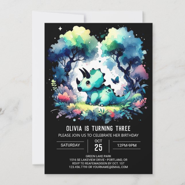 Invitación Bohemian Editable Triceratops Cumpleaños (Anverso)