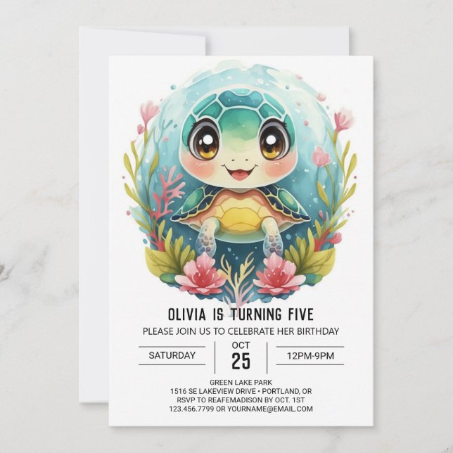 Invitación Bohemian Elegant Turtle Chica Cumpleaños (Anverso)