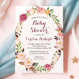 Invitación Bohemian Feather Boho Floral Wreath Baby Shower