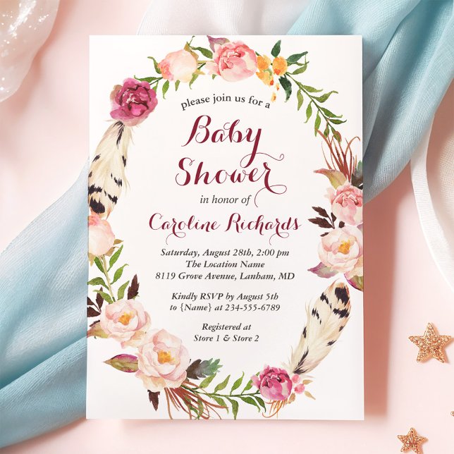 Invitación Bohemian Feather Boho Floral Wreath Baby Shower (Subido por el creador)