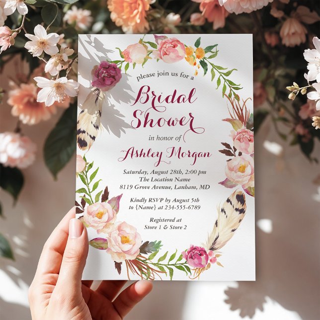 Invitación Bohemian Feather Boho Floral Wreath Bridal (Subido por el creador)