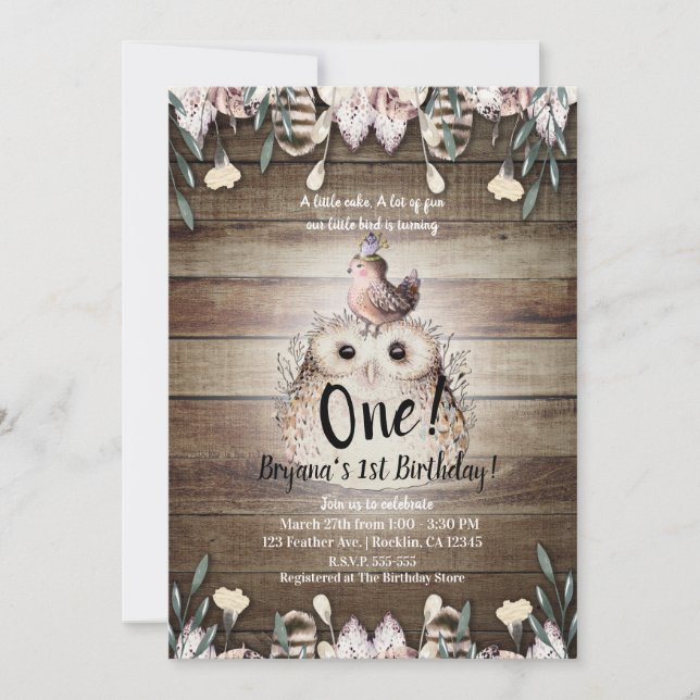 Invitación Bohemian Feather Friends Owl & Bird Baby 1er (Anverso)