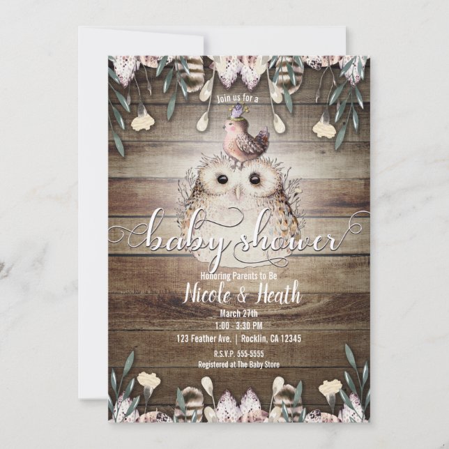 Invitación Bohemian Feather Friends Owl & Bird Baby Shower (Anverso)