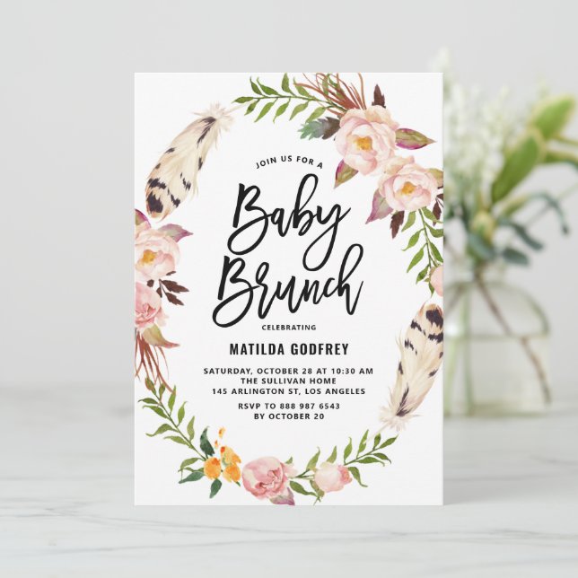 Invitación Bohemian Feathers Floral Wreath Baby Shower Brunch (Anverso de pie)
