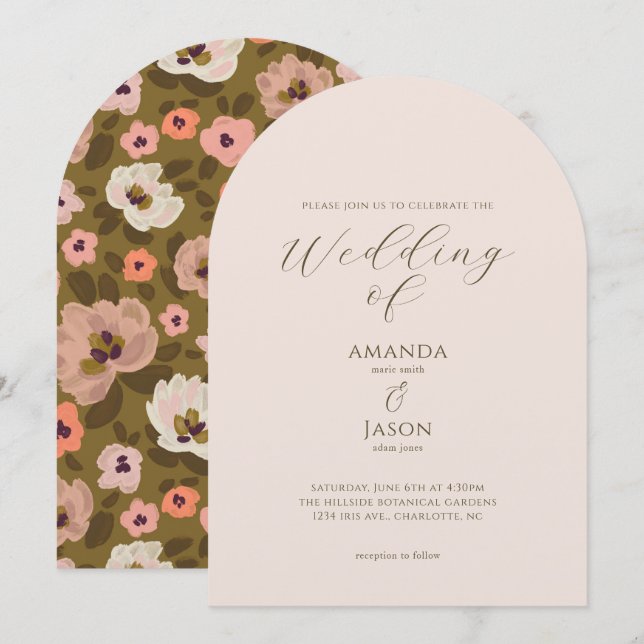 Invitación Bohemian romantic painted floral garden wedding (Anverso / Reverso)
