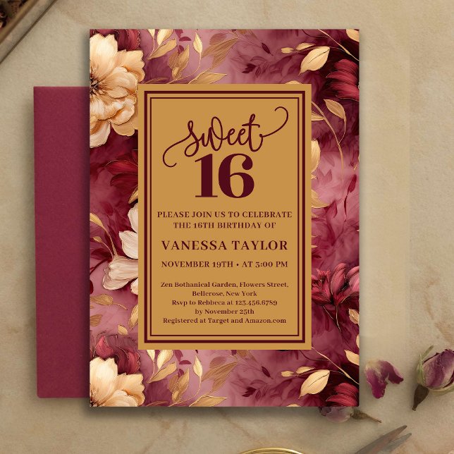 Invitación Bohemian Sweet 16 Burgundy Blush Floral Invite (Bohemian Sweet 16 Burgundy Blush Floral Invite)