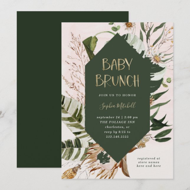 Invitación Bohemias Botánicas y Pampas | Baby Brunch (Anverso / Reverso)