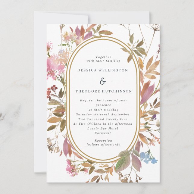Invitación Bohemias Mauve Píldora de Flor Silvestre Forma Bod (Anverso)