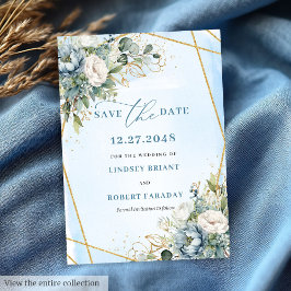 Invitación Bohemias Pastel Azul White Gold Peonys Save Date