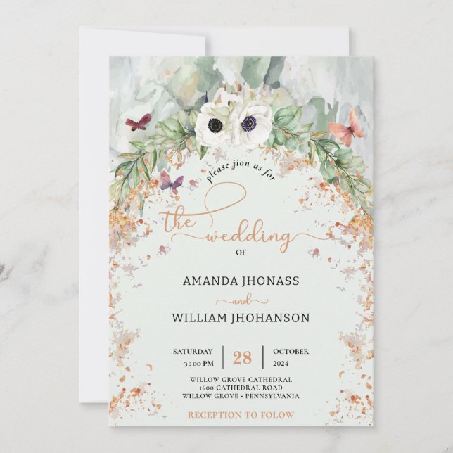 Invitación Bohemio Arco de Verdor Luminoso Boda Jardín (Anverso)