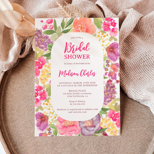 Invitación Bohemio brillante guión de arco floral brillante d (Bohemian bright floral arch script bridal shower invitation)