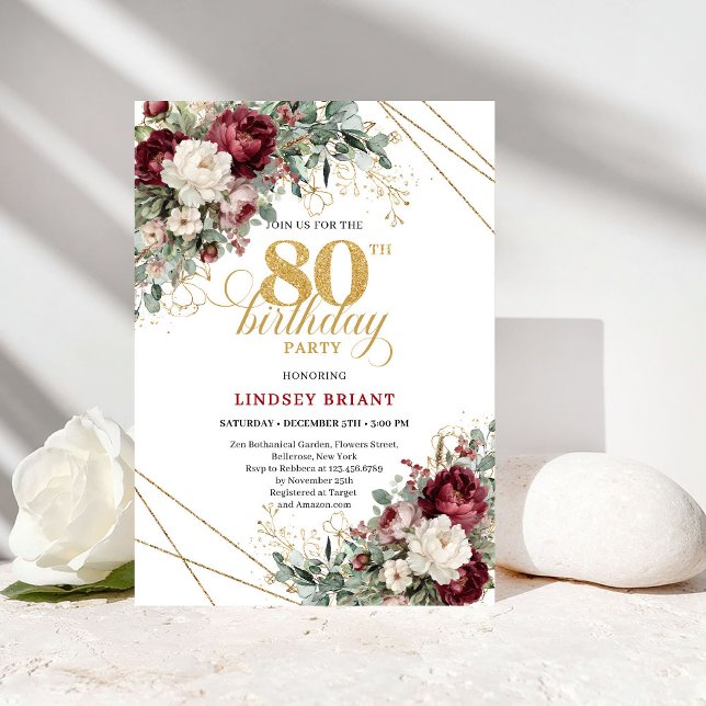 Invitación Bohemio Romántico Borgoña 80 Cumpleaños (Romantic Bohemian Burgundy 80th Birthday)