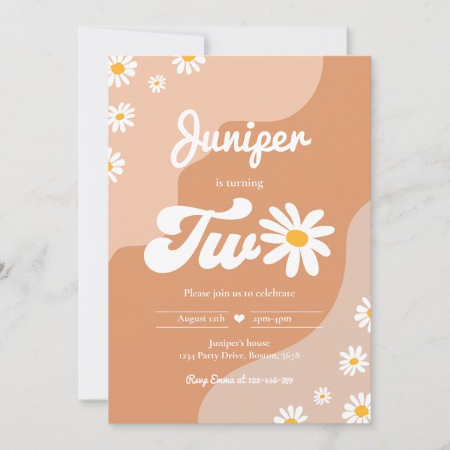 Invitación Boho 2.º cumpleaños Daisy Floral Groovy Fiesta de  (Anverso)