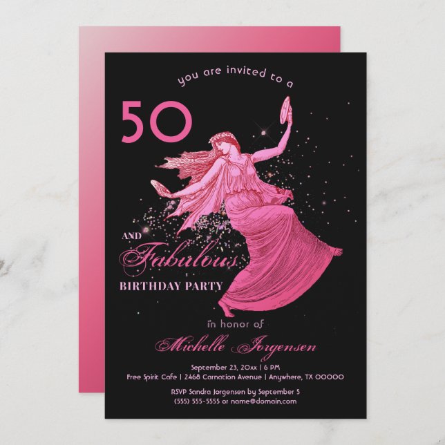 Invitación Boho 50.ª Purpurina de bailarina rosada (Anverso / Reverso)