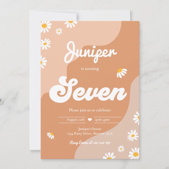Invitación Boho 7.º cumpleaños Daisy Floral Groovy Fiesta de  (Anverso)