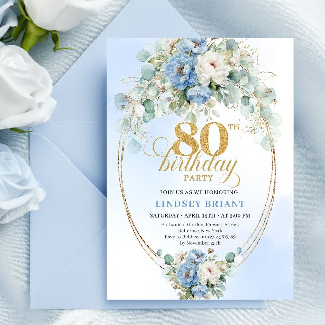 Invitación Boho 80 cumpleaños con peonías azules p (Pastel Blue Peonies Greenery Boho 80th Invite)