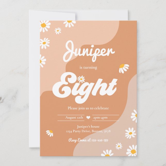 Invitación Boho 8.º cumpleaños Daisy Floral Groovy Fiesta de  (Anverso)