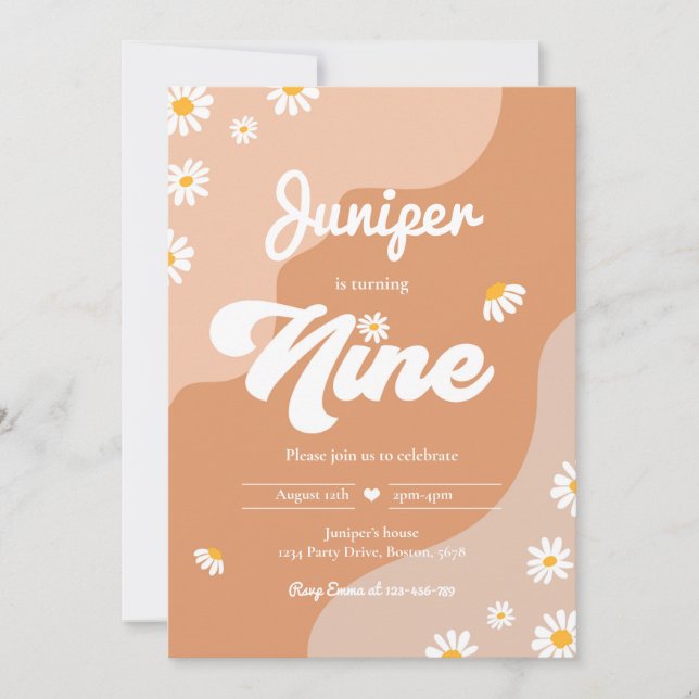 Invitación Boho 9.º cumpleaños Daisy Floral Groovy Fiesta de  (Anverso)