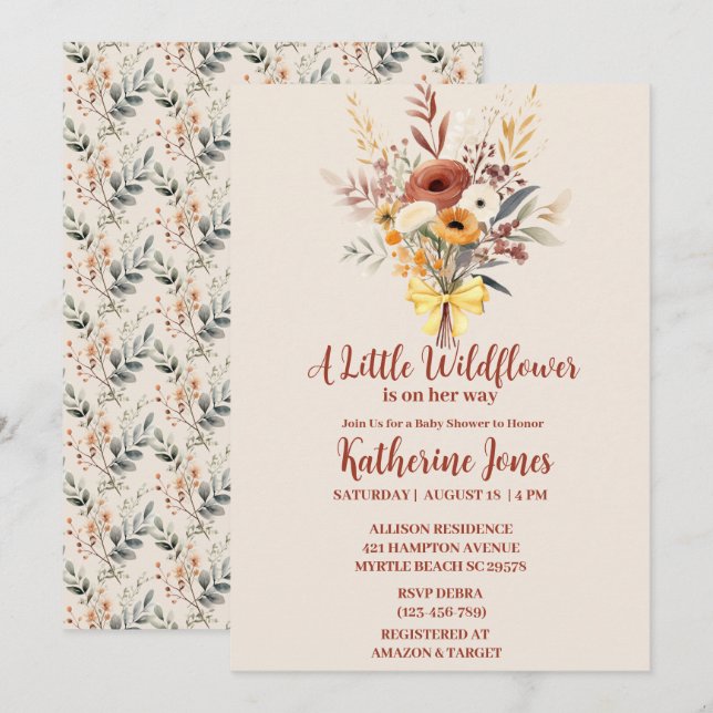 Invitación Boho A Little Wildflower Chica Baby Shower (Anverso / Reverso)