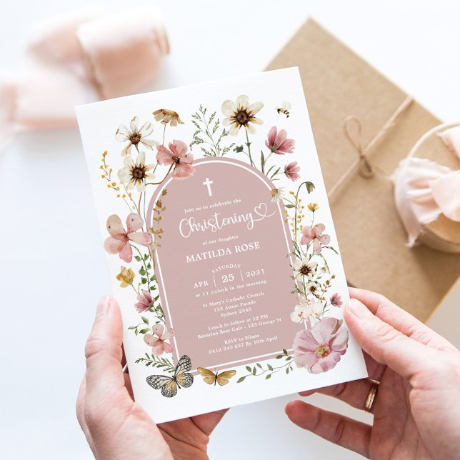 Invitación Boho acalló el Rubor Wildflower Meadow Christening (Subido por el creador)