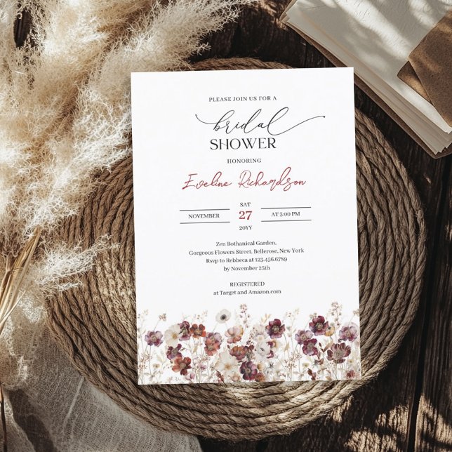 Invitación Boho acuarela burgundy flores silvestres novia (Boho watercolor burgundy wildflowers bridal invitation)