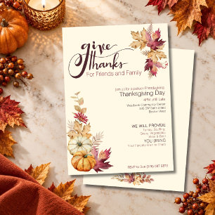 Invitación Boho Acuarela Calabaza y Hojas Friendsgiving 