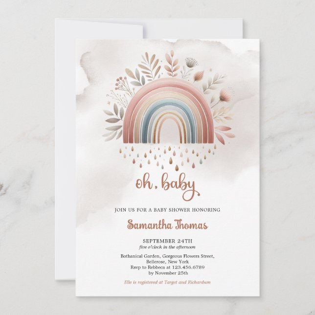 Invitación Boho acuarela colores pastel arcoiris chica floral (Anverso)