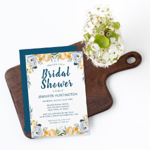Invitación Boho acuarela Coral Azul Floral Brillante Ducha En